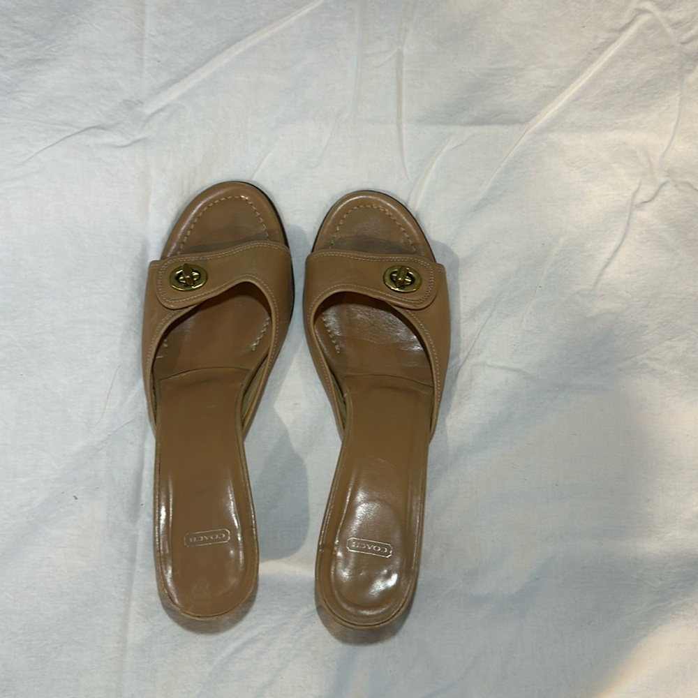 Tan Coach Latch Kitten Heel Sandals